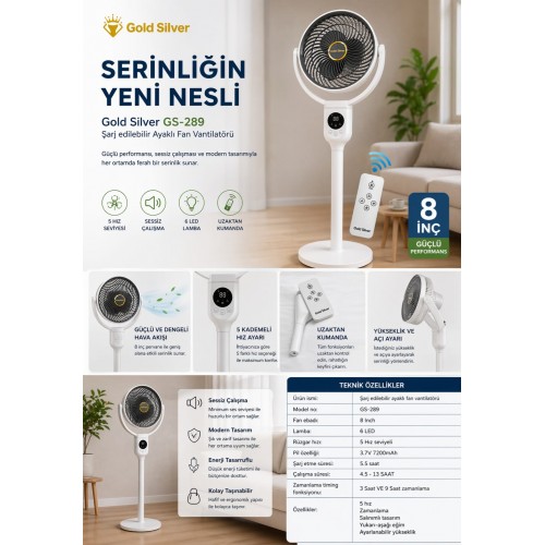 GOLD-SİLVER GS-289 ŞARJLI KUMANDALI GECE LAMBASI ÖZELLİKLİ ŞARJLI VANTİLATÖR